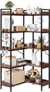 VEVOR 5-laags hoekschap, hoge hoekstandaard met 4 haken, displayplank, opbergrek met metalen frame en houten planken, staande plank, tentoonstellingsboekenplank voor slaapkamer, woonkamer, kantoor, bruin
