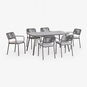 Rechthoekige Eettafelset 160x90 Cm Met 6 Stapelbare Eetkamerstoelen Van Gevlochten Touw Arhiza Grijs – Grafiet - Sklum