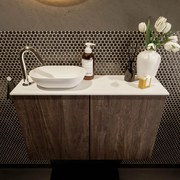 Mondiaz Fowy toiletmeubel 80cm dark brown met witte waskom links en kraangat