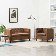 vidaXL Bankstel Chesterfield-stijl suède-look stoffen bekleding bruin 2-delig