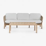 Tuinset Met 3-zitsbank En Rechthoekige Salontafel 120x60 Cm Van Acaciahout En Gevlochten Touw Karvia Lichte Acaciekleur & Stof Wit - Sklum