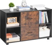 VEVOR Houten archiefkast met 2 lades, mobiele kantoorkast met open planken, afsluitbare zijrolkast met verstelbare planken, printerstandaard voor schoolkantoor, zwart
