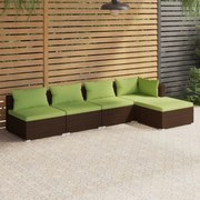 vidaXL 5-delige Loungeset met kussens poly rattan bruin