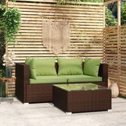 vidaXL 3-delige Loungeset met kussens poly rattan bruin