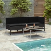 vidaXL 3-delige Loungeset met kussens poly rattan zwart