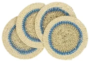 Onderzetter naturel, zeegras, blauwe rand, set van 4