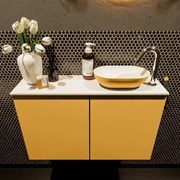 Mondiaz Fowy toiletmeubel 80cm ocher met gele waskom rechts en kraangat