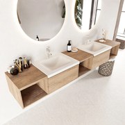 Mondiaz Bukla 240cm badmeubel met open module 40 L+M+R Washed Oak met 2 lades wastafel Cloud dubbel 2 kraangaten Talc