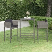 vidaXL 3-delige Tuinbarset met kussens poly rattan grijs