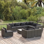 vidaXL 10-delige Loungeset met kussens poly rattan grijs