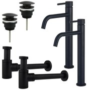Fortifura Calvi Slim Wastafelkraanset - voor dubbele wastafel - verhoogde wastafelkraan - klikwaste plug - verlaagde design sifon - Mat zwart 2x SW377836/2x SW696199/2x SW696215