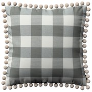 Dekoria Kussenhoes Wera met pompons, wit-grijs geruit 45 x 45 cm