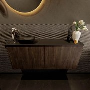 Mondiaz Fowy toiletmeubel 120cm dark brown met zwarte waskom links en kraangat