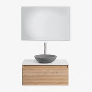 Tedrik Badkamermeubelset In Essenhout Ash Brown & Rond Grijs Cement Ø40 Cm Tarsis & Rechthoekige Led En Anticondens 100x70 Cm Tamsin & - Sklum