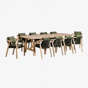 Rechthoekige Eettafelset 260x100 Cm Met 10 Acaciahouten Eetkamerstoelen Dubai Rustiek Acaciabruin & Stof Leger Groen - Sklum