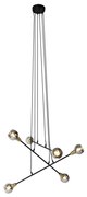 Hanglamp zwart met messing en smoke glas 6-lichts - Vidro