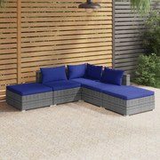 vidaXL 5-delige Loungeset met kussens poly rattan grijs