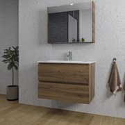 Adema Chaci Badkamermeubelset - 80x46x57cm - 1 ovale keramische wasbak wit - 1 kraangat - 2 lades - Spiegelkast - noten (hout) SW1212816/SW718717/SW1212764/SW812073