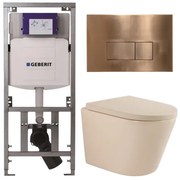 QeramiQ Dely Toiletset - 36.3x51.7cm - diepspoel - rimless - Geberit UP320 inbouwreservoir - softclose toilet zitting 35 mm - koperen bedieningsplaat - rechthoekige knoppen - mat beige SW1000764/SW1000771/0701131/SW706197