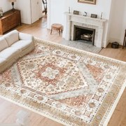 VEVOR vloerkleed, 2439 x 3048 mm, kortpolig wasbaar tapijt, antislip vloerkleed voor in de woonkamer, vintage stijl binnenmat voor slaapkamer, woonkamer, kinderkamer, kantoor, bruinrood