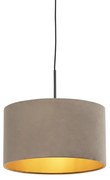 Stoffen Hanglamp met velours kap taupe met goud 35 cm - Combi Landelijk / Rustiek E27 cilinder / rond rond Binnenverlichting Lamp