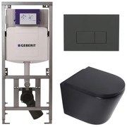 QeramiQ Dely Toiletset - 36.3x51.7cm - diepspoel - rimless - Geberit UP320 inbouwreservoir - softclose toilet zitting 35 mm - bedieningsplaat antraciet mat - rechthoekige knoppen - mat zwart SW1026253/SW1000769/0701131/SW1102377