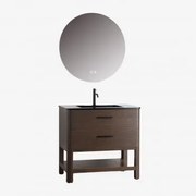 Badkamermeubelset In Hout Met Geïntegreerde Wastafel Misene Donker Hout & Round Led And Antifog Ø70 Cm Solyn & Zwart ↑20 - Sklum