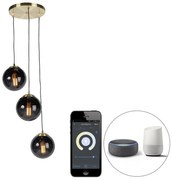 Smart hanglamp met dimmer messing met zwarte glas 3-lichts incl. Wifi ST64 - Pallon E27 bol / globe / rond Binnenverlichting Lamp