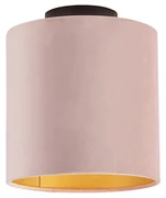 Stoffen Plafondlamp met velours kap oud roze met goud 20 cm - Combi zwart Klassiek / Antiek E27 rond Binnenverlichting Lamp