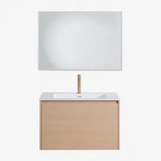 Badkamermeubelset In Hout Met Geïntegreerde Wastafel Jacob Natuurlijk Hout & Rechthoekige Led En Anticondens 100x70 Cm Riben & Goud - Sklum