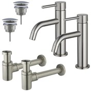 Fortifura Calvi Slim Wastafelkraanset - voor dubbele wastafel - lage wastafelkraan - always open plug - verlaagde design sifon - Geborsteld RVS PVD (RVS) 2x SW377858/2x SW696207/2x SW696217