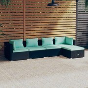 vidaXL 5-delige Loungeset met kussens poly rattan zwart