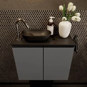 Mondiaz Fowy toiletmeubel 60cm dark grey met zwarte waskom links en kraangat