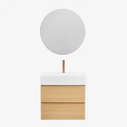 Ona Zwevend Badkamermeubelset Van Hout En Essenfineer Met Geïntegreerde Wastafel Natuurlijk Hout & Round Led And Antifog Ø70 Cm - Sklum