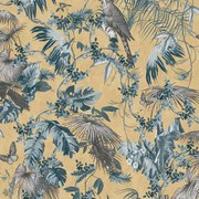 DUTCH WALLCOVERINGS Behang bladeren en vogels blauw en goudkleurig