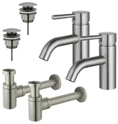 Fortifura Calvi Wastafelkraanset - voor dubbele wastafel - lage wastafelkraan - klikwaste plug - verlaagde design sifon - Geborsteld RVS PVD (RVS) 2x SW377856/2x SW696201/2x SW696217