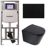 QeramiQ Dely Toiletset - 36.3x51.7cm - diepspoel - rimless - Geberit UP320 inbouwreservoir - softclose toilet zitting 35 mm - metaal mat zwarte bedieningsplaat - ronde knoppen - mat zwart SW1026253/SW1000769/0701131/SW706192