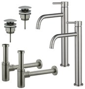 Fortifura Calvi Slim Wastafelkraanset - voor dubbele wastafel - verhoogde wastafelkraan - klikwaste plug - design sifon - Geborsteld RVS PVD (RVS) 2x SW377859/2x SW696201/2x SW696212