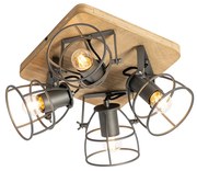 Industriële Spot / Opbouwspot / Plafondspot hout met antraciet verstelbaar 4-lichts - Arthur Industriele / Industrie / Industrial E27 vierkant Binnenverlichting Lamp