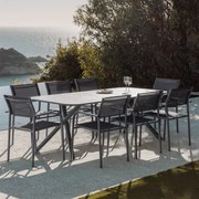 Set Van Rechthoekige Tafel 200x95 Cm In Brinela Aluminium En 8 Stapelbare Tuinstoelen Met Armleuningen In Olenia Aluminium Grijs – Grafiet - Sklum