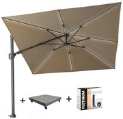 Challenger T2 glow zweefparasol 300x300 cm taupe met 120KG voet en hoes