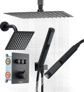 VEVOR Douchesysteemset met 12 inch regendouchesysteem / 6 inch wandmontagekop / 2-in-1 handdouche, draaibare dubbele regenkop (3 functies), messing klepafwerkingsset, matzwarte thermostaat