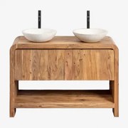 Vacry Acaciahouten Badkamermeubelset Acacia Bruin & 2 X Rond Wit Cement Ø40 Cm Zavion & Spiegelloze & 2 X Zwart ↑30 Cm Met - Sklum