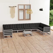 vidaXL 11-delige Loungeset met kussens massief grenenhout grijs