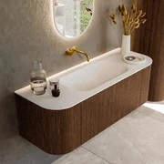 Mondiaz Kurve 130cm badmeubel ronding links/rechts walnut met 1 lade en 2 deuren en wastafel big small midden zonder kraangat