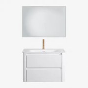 Badkamermeubelset In Hout Met Geïntegreerde Wastafel Egerton Wit & Rechthoekige Led En Anticondens 100x70 Cm Tamsin & Goud ↑20 - Sklum