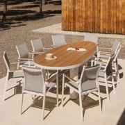 Taneli Ovale Tafelset, 260x110 Cm, Gemaakt Van Aluminium En Teakhout, En 10 Elvira Stapelbare Aluminium Tuinstoelen. Teakhout - Sklum