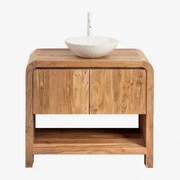 Vacry Houten Badkamermeubelset Acacia Bruin & Rond Cement Wit Ø40 Cm Zavion & Spiegelloze & Wit ↑30 Cm Met Aftapkraan Zonder - Sklum