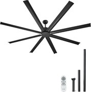 VEVOR 213 cm plafondventilator zonder licht, 6-snelheden afstandsbediening, 8 aluminium bladen, omkeerbare DC-motor, ventilator voor slaapkamer, woonkamer, terras, binnen/buiten, zwart