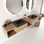 Mondiaz Bukla 240cm badmeubel met open module 40 L+M+R Washed Oak met 2 lades wastafel Cloud dubbel 0 kraangaten Urban